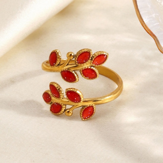 Picture of Wholesale Women's Gift Leaf Multicolor Enamel Open Adjustable Rings, 18K Gold Plated 304 Stainless Steel, PVD Stylish Natural Pastoral Jewelry Supply, 18mm(US Size 7.75)