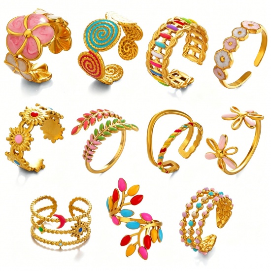 Immagine di Donne Regalo Multicolore Smalto Aperto Regolabile Anello All'Ingrosso, Placcato Oro 18K 304 Acciaio Inossidabile, PVD Ecologica Elegante Stile Ins Fornitura di Gioielli, 17mm (taglia di US: 6.5), 1 Pz