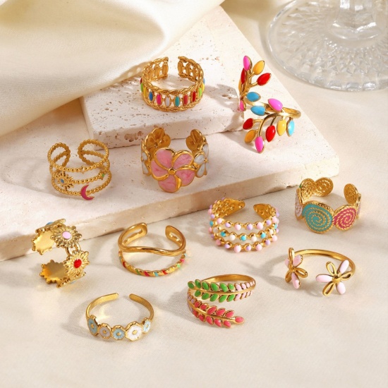 Immagine di Donne Regalo Multicolore Smalto Aperto Regolabile Anello All'Ingrosso, Placcato Oro 18K 304 Acciaio Inossidabile, PVD Ecologica Elegante Stile Ins Fornitura di Gioielli, 17mm (taglia di US: 6.5), 1 Pz