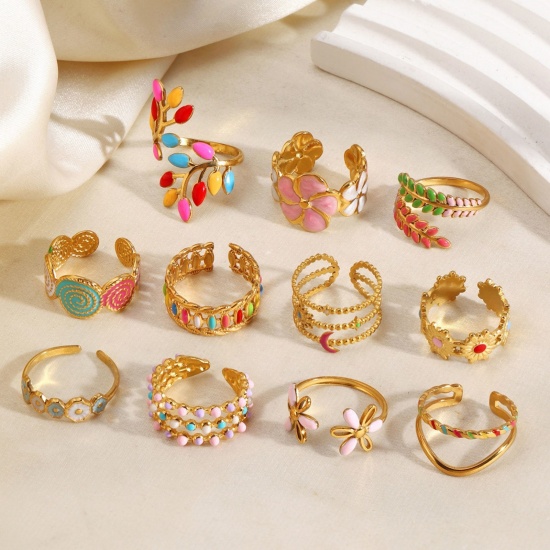 Immagine di Donne Regalo Multicolore Smalto Aperto Regolabile Anello All'Ingrosso, Placcato Oro 18K 304 Acciaio Inossidabile, PVD Ecologica Elegante Stile Ins Fornitura di Gioielli, 17mm (taglia di US: 6.5), 1 Pz