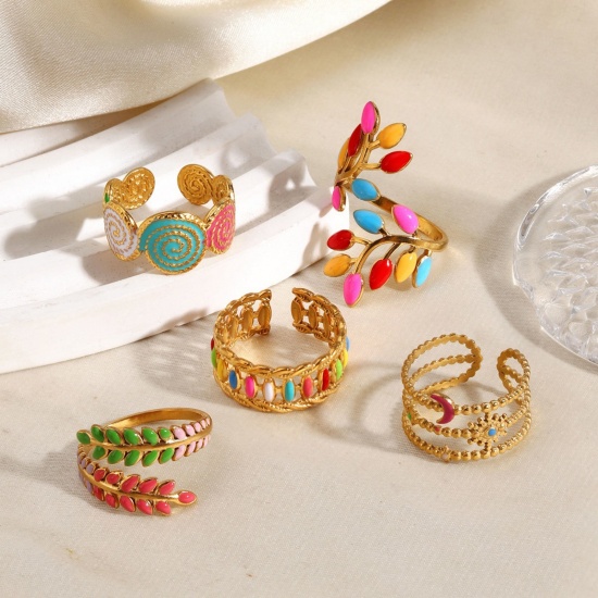 Immagine di Donne Regalo Multicolore Smalto Aperto Regolabile Anello All'Ingrosso, Placcato Oro 18K 304 Acciaio Inossidabile, PVD Ecologica Elegante Stile Ins Fornitura di Gioielli, 17mm (taglia di US: 6.5), 1 Pz