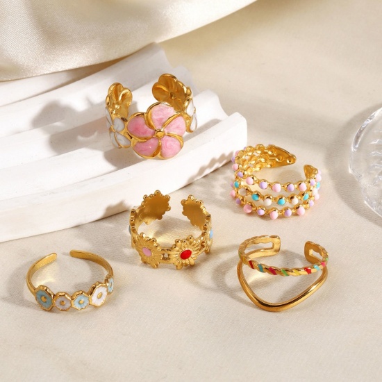Immagine di Donne Regalo Multicolore Smalto Aperto Regolabile Anello All'Ingrosso, Placcato Oro 18K 304 Acciaio Inossidabile, PVD Ecologica Elegante Stile Ins Fornitura di Gioielli, 17mm (taglia di US: 6.5), 1 Pz