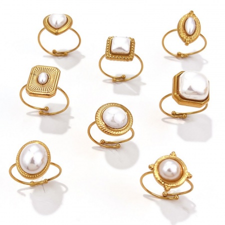 Picture of Wholesale Women's Gift Geometric White Acrylic Imitation Pearl Open Adjustable Rings, 18K Gold Plated 304 Stainless Steel, Eco-friendly PVD Elegant Stylish Jewelry Supply, 19mm(US Size 9)