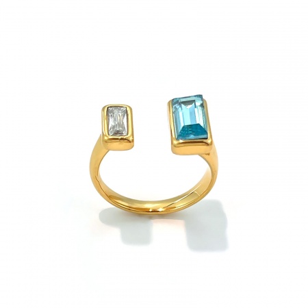 Picture of Wholesale Women's Gift Rectangle Multicolor Rhinestone Rhinestone Open Rings, 18K Gold Plated 304 Stainless Steel, Eco-friendly PVD Elegant Stylish Jewelry Supply, 19mm(US Size 9)