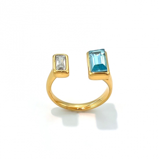Picture of Wholesale Women's Gift Rectangle Multicolor Rhinestone Rhinestone Open Rings, 18K Gold Plated 304 Stainless Steel, Eco-friendly PVD Elegant Stylish Jewelry Supply, 19mm(US Size 9)