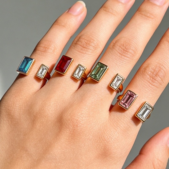 Picture of Wholesale Women's Gift Rectangle Multicolor Rhinestone Rhinestone Open Rings, 18K Gold Plated 304 Stainless Steel, Eco-friendly PVD Elegant Stylish Jewelry Supply, 19mm(US Size 9)