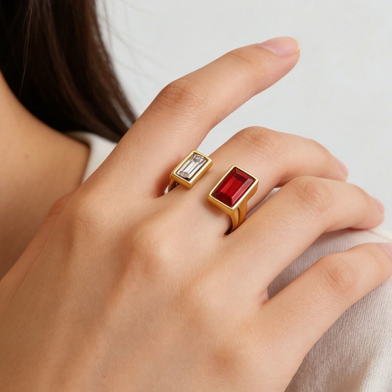 Picture of Wholesale Women's Gift Rectangle Multicolor Rhinestone Rhinestone Open Rings, 18K Gold Plated 304 Stainless Steel, Eco-friendly PVD Elegant Stylish Jewelry Supply, 19mm(US Size 9)