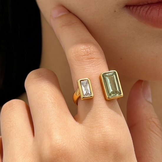 Picture of Wholesale Women's Gift Rectangle Multicolor Rhinestone Rhinestone Open Rings, 18K Gold Plated 304 Stainless Steel, Eco-friendly PVD Elegant Stylish Jewelry Supply, 19mm(US Size 9)