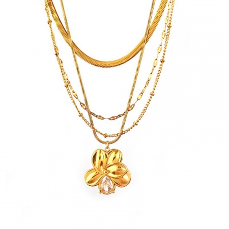 Picture of Wholesale Flower Multilayer Layered Necklace, 18K Gold Plated 304 Stainless Steel Snake Chain, Women's PVD Flora Collection Stylish Gift Jewelry For Retailer, 44cm(17.3") + 5cm(2") long