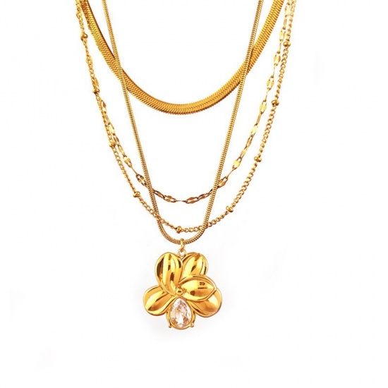 Picture of Wholesale Flower Multilayer Layered Necklace, 18K Gold Plated 304 Stainless Steel Snake Chain, Women's PVD Flora Collection Stylish Gift Jewelry For Retailer, 44cm(17.3") + 5cm(2") long