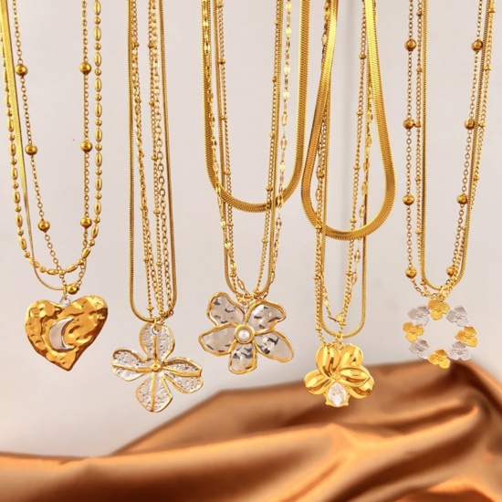 Picture of Wholesale Flower Multilayer Layered Necklace, 18K Gold Plated 304 Stainless Steel Snake Chain, Women's PVD Flora Collection Stylish Gift Jewelry For Retailer, 44cm(17.3") + 5cm(2") long