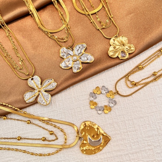 Picture of Wholesale Flower Multilayer Layered Necklace, 18K Gold Plated 304 Stainless Steel Snake Chain, Women's PVD Flora Collection Stylish Gift Jewelry For Retailer, 44cm(17.3") + 5cm(2") long