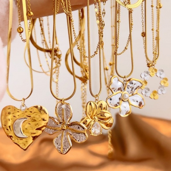 Picture of Wholesale Flower Multilayer Layered Necklace, 18K Gold Plated 304 Stainless Steel Snake Chain, Women's PVD Flora Collection Stylish Gift Jewelry For Retailer, 44cm(17.3") + 5cm(2") long