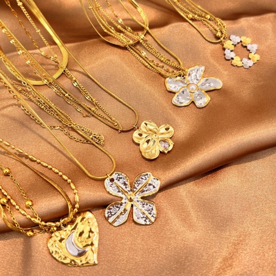 Picture of Wholesale Flower Multilayer Layered Necklace, 18K Gold Plated 304 Stainless Steel Snake Chain, Women's PVD Flora Collection Stylish Gift Jewelry For Retailer, 44cm(17.3") + 5cm(2") long