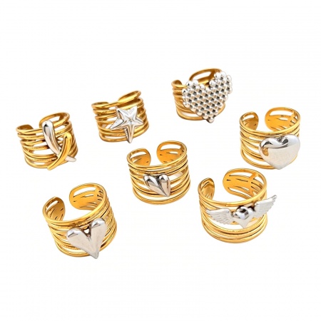 Picture of Wholesale Unisex Gift Heart Open Adjustable Rings, 18K Gold Plated & Silver Tone 304 Stainless Steel, PVD Casual Stylish Jewelry Supply, 17.3mm(US Size 7)