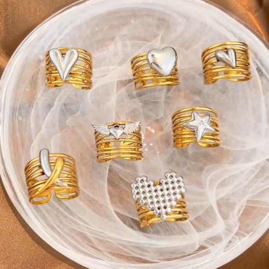 Picture of Wholesale Unisex Gift Heart Open Adjustable Rings, 18K Gold Plated & Silver Tone 304 Stainless Steel, PVD Casual Stylish Jewelry Supply, 17.3mm(US Size 7)