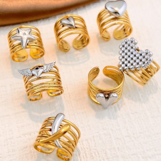 Picture of Wholesale Unisex Gift Heart Open Adjustable Rings, 18K Gold Plated & Silver Tone 304 Stainless Steel, PVD Casual Stylish Jewelry Supply, 17.3mm(US Size 7)
