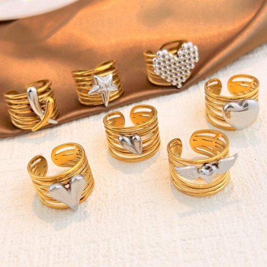 Picture of Wholesale Unisex Gift Heart Open Adjustable Rings, 18K Gold Plated & Silver Tone 304 Stainless Steel, PVD Casual Stylish Jewelry Supply, 17.3mm(US Size 7)