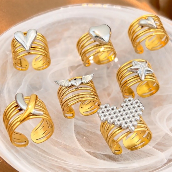 Picture of Wholesale Unisex Gift Heart Open Adjustable Rings, 18K Gold Plated & Silver Tone 304 Stainless Steel, PVD Casual Stylish Jewelry Supply, 17.3mm(US Size 7)