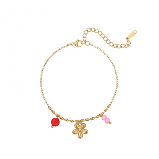 Picture of Wholesale Flower 304 Stainless Steel Link Cable Chain Charm Bracelets, 18K Gold Plated PVD, Women's Flora Collection Exquisite Gift Jewelry Supply, 17cm(6.7") + 5cm(2") long