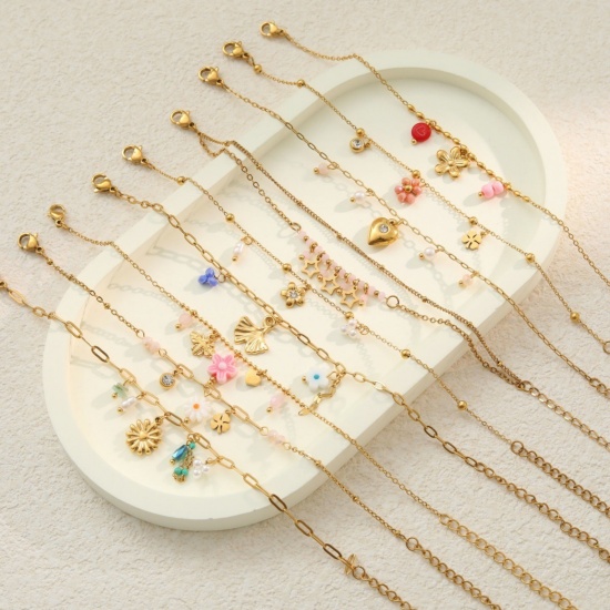 Picture of Wholesale Flower 304 Stainless Steel Link Cable Chain Charm Bracelets, 18K Gold Plated PVD, Women's Flora Collection Exquisite Gift Jewelry Supply, 17cm(6.7") + 5cm(2") long