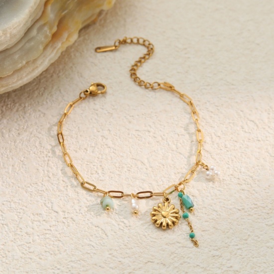 Picture of Wholesale Flower 304 Stainless Steel Link Cable Chain Charm Bracelets, 18K Gold Plated PVD, Women's Flora Collection Exquisite Gift Jewelry Supply, 17cm(6.7") + 5cm(2") long