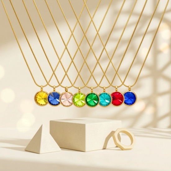Immagine di Tondo Multicolore Strass Pietra Di Nascita Collana con Ciondolo All'Ingrosso, Placcato Oro 18K 304 Acciaio Inossidabile Catena di Serpente, Donne Placcatura Sottovuoto Stile Ins Minimalista Regalo Gioielli Per Rivenditore, 40cm + 5cm Lunghezza, 1 Pz