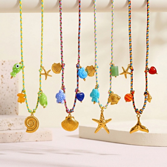 Picture of Wholesale Multicolor Station Necklace, 18K Gold Plated 304 Stainless Steel Braided Cord, Women's Eco-friendly PVD Ocean Jewelry Bohemia Boho Gift Jewelry For Retailer, 45cm(17.7") + 5cm(2") long