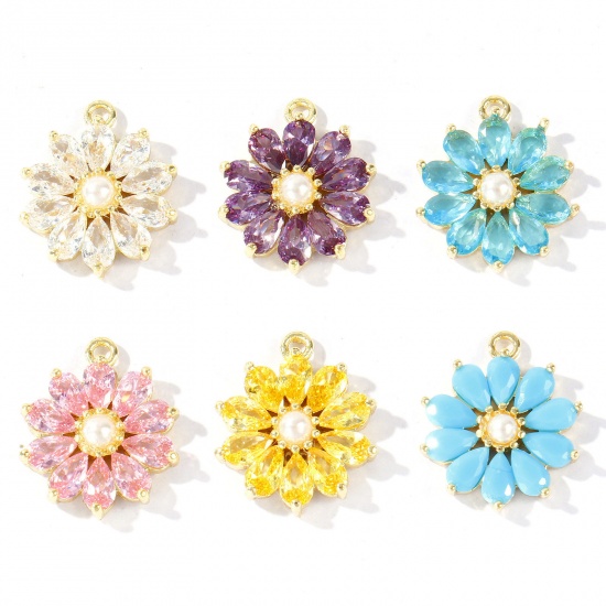 1 個 真鍮 チャーム 卸売り リアルゴールドメッキ フラワー アクリル模造真珠 多色 ジルコン 18mm x 15mm、 の画像