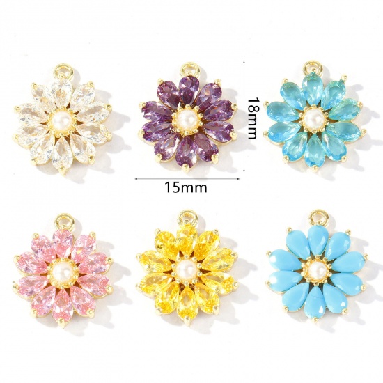 1 個 真鍮 チャーム 卸売り リアルゴールドメッキ フラワー アクリル模造真珠 多色 ジルコン 18mm x 15mm、 の画像