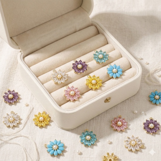 1 個 真鍮 チャーム 卸売り リアルゴールドメッキ フラワー アクリル模造真珠 多色 ジルコン 18mm x 15mm、 の画像