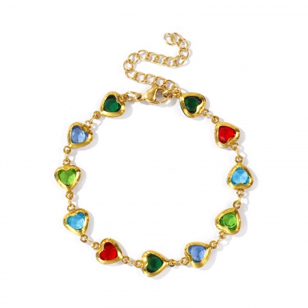 Picture of Wholesale Heart Multicolor 304 Stainless Steel & Glass Handmade Link Chain Bracelets, 18K Gold Plated Women's Valentine's Day Ins Style Gift Jewelry Supply, 16cm(6.3") + 5cm(2") long