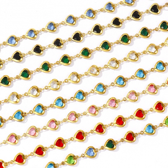 Immagine di Cuore Multicolore 304 Acciaio Inossidabile & Vetro Catena a Maglia Fatta a Mano Braccialetti All'Ingrosso, Placcato Oro 18K Donne San Valentino Stile Ins Regalo Fornitura di Gioielli, 16cm + 5cm Lunghezza, 1 Pz