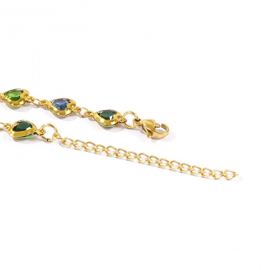 Immagine di Cuore Multicolore 304 Acciaio Inossidabile & Vetro Catena a Maglia Fatta a Mano Braccialetti All'Ingrosso, Placcato Oro 18K Donne San Valentino Stile Ins Regalo Fornitura di Gioielli, 16cm + 5cm Lunghezza, 1 Pz