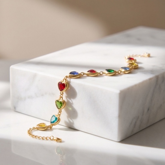 Immagine di Cuore Multicolore 304 Acciaio Inossidabile & Vetro Catena a Maglia Fatta a Mano Braccialetti All'Ingrosso, Placcato Oro 18K Donne San Valentino Stile Ins Regalo Fornitura di Gioielli, 16cm + 5cm Lunghezza, 1 Pz