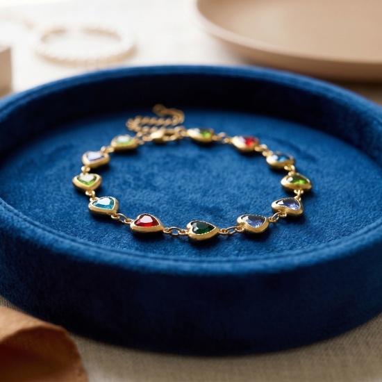 Immagine di Cuore Multicolore 304 Acciaio Inossidabile & Vetro Catena a Maglia Fatta a Mano Braccialetti All'Ingrosso, Placcato Oro 18K Donne San Valentino Stile Ins Regalo Fornitura di Gioielli, 16cm + 5cm Lunghezza, 1 Pz