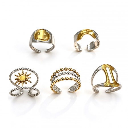 Picture of Wholesale Unisex Gift Two Tone Open Adjustable Rings, 18K Gold Plated & Silver Tone 304 Stainless Steel, PVD Stylish Retro Jewelry Supply