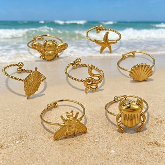 Picture of Wholesale Unisex Gift Open Adjustable Rings, 18K Gold Plated 304 Stainless Steel, Eco-friendly PVD Bohemia Boho Jewelry Supply, 18mm(US Size 7.75)