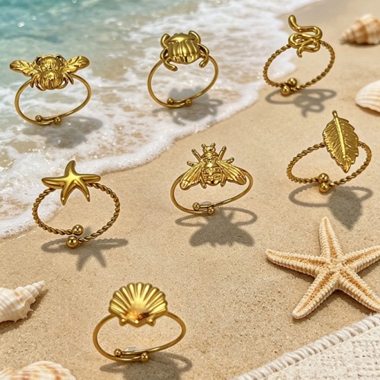Picture of Wholesale Unisex Gift Open Adjustable Rings, 18K Gold Plated 304 Stainless Steel, Eco-friendly PVD Bohemia Boho Jewelry Supply, 18mm(US Size 7.75)