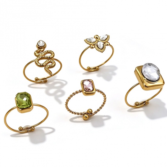 Immagine di Donne Regalo Multicolore Strass Aperto Regolabile Anello All'Ingrosso, Placcato Oro 18K 304 Acciaio Inossidabile, PVD Ecologica Squisito Elegante Fornitura di Gioielli, 1 Pz