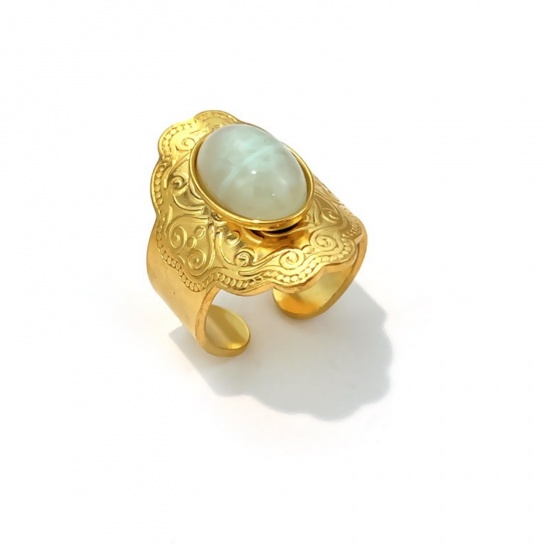 Picture of Wholesale Unisex Gift Carved Pattern Multicolor With Synthetic Gemstone Cabochons Open Adjustable Rings, 18K Gold Plated 304 Stainless Steel, Eco-friendly PVD Elegant Retro Jewelry Supply, 18mm(US Size 7.75)