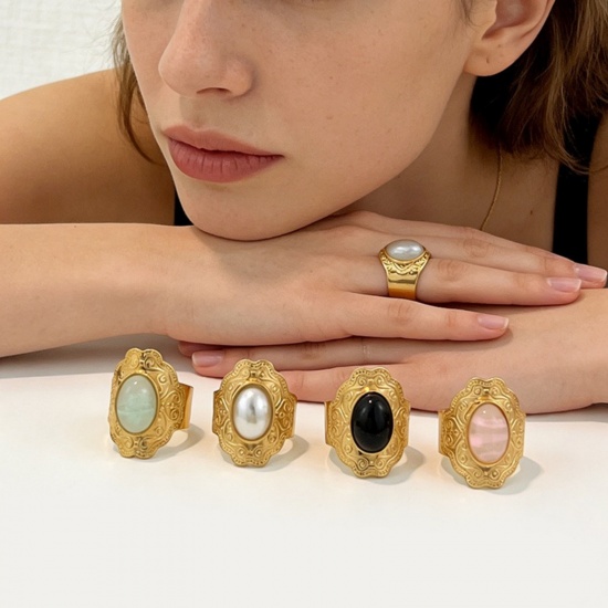 Picture of Wholesale Unisex Gift Carved Pattern Multicolor With Synthetic Gemstone Cabochons Open Adjustable Rings, 18K Gold Plated 304 Stainless Steel, Eco-friendly PVD Elegant Retro Jewelry Supply, 18mm(US Size 7.75)