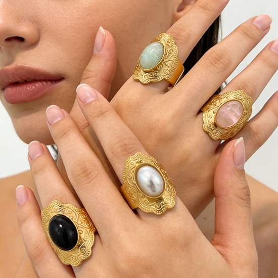 Picture of Wholesale Unisex Gift Carved Pattern Multicolor With Synthetic Gemstone Cabochons Open Adjustable Rings, 18K Gold Plated 304 Stainless Steel, Eco-friendly PVD Elegant Retro Jewelry Supply, 18mm(US Size 7.75)
