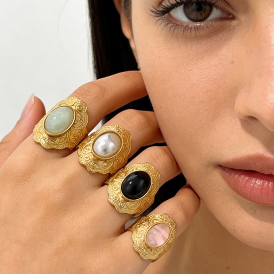 Picture of Wholesale Unisex Gift Carved Pattern Multicolor With Synthetic Gemstone Cabochons Open Adjustable Rings, 18K Gold Plated 304 Stainless Steel, Eco-friendly PVD Elegant Retro Jewelry Supply, 18mm(US Size 7.75)