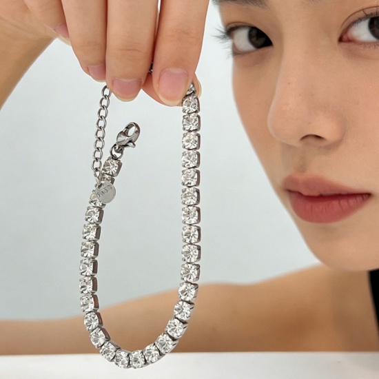 Picture of Wholesale Clear Cubic Zirconia 304 Stainless Steel Tennis Bracelet, Eco-friendly PVD, Unisex Stylish Dainty Gift Jewelry Supply, 18cm(7.1") + 5cm(2") long