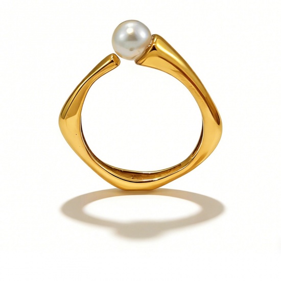 Picture of Wholesale Women's Gift Geometric Acrylic Imitation Pearl Open Adjustable Rings, 18K Gold Plated 304 Stainless Steel, PVD Elegant Stylish Jewelry Supply