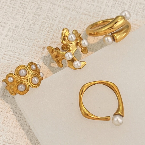 Picture of Wholesale Women's Gift Geometric Acrylic Imitation Pearl Open Adjustable Rings, 18K Gold Plated 304 Stainless Steel, PVD Elegant Stylish Jewelry Supply