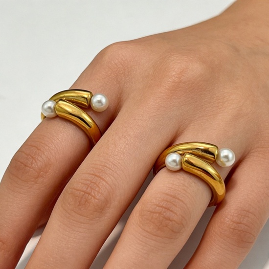 Picture of Wholesale Women's Gift Geometric Acrylic Imitation Pearl Open Adjustable Rings, 18K Gold Plated 304 Stainless Steel, PVD Elegant Stylish Jewelry Supply
