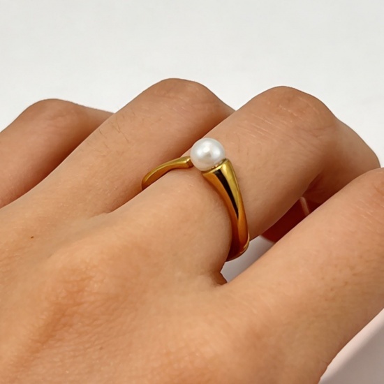 Picture of Wholesale Women's Gift Geometric Acrylic Imitation Pearl Open Adjustable Rings, 18K Gold Plated 304 Stainless Steel, PVD Elegant Stylish Jewelry Supply