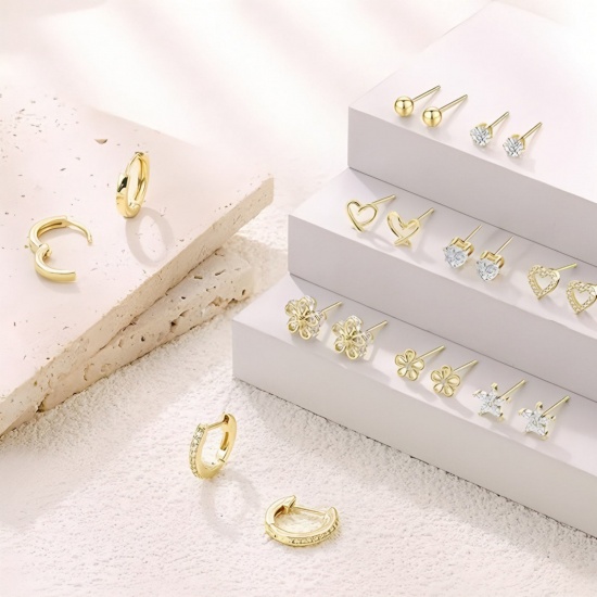 Immagine di Semplice Elegante Orecchini Set All'Ingrosso, Cuore Fiore Trasparente Circonio Cubico Multicolore 304 Acciaio Inossidabile, Donne Regalo Fornitura di Gioielli, 1 Serie ( 20 Pz/Serie)